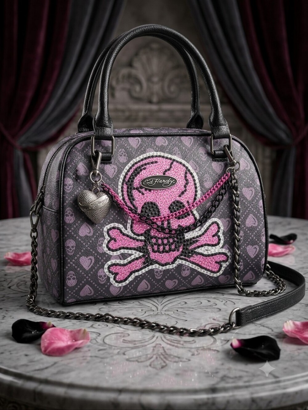 Ed Hardy Black and Purple Skull Satchel with Heart Charm